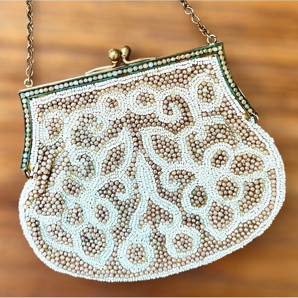 Antique Handbags - Antique Beaded Purse Bag Wedding Bridal Purse Ivory Pearl Gold Floral Beadwork